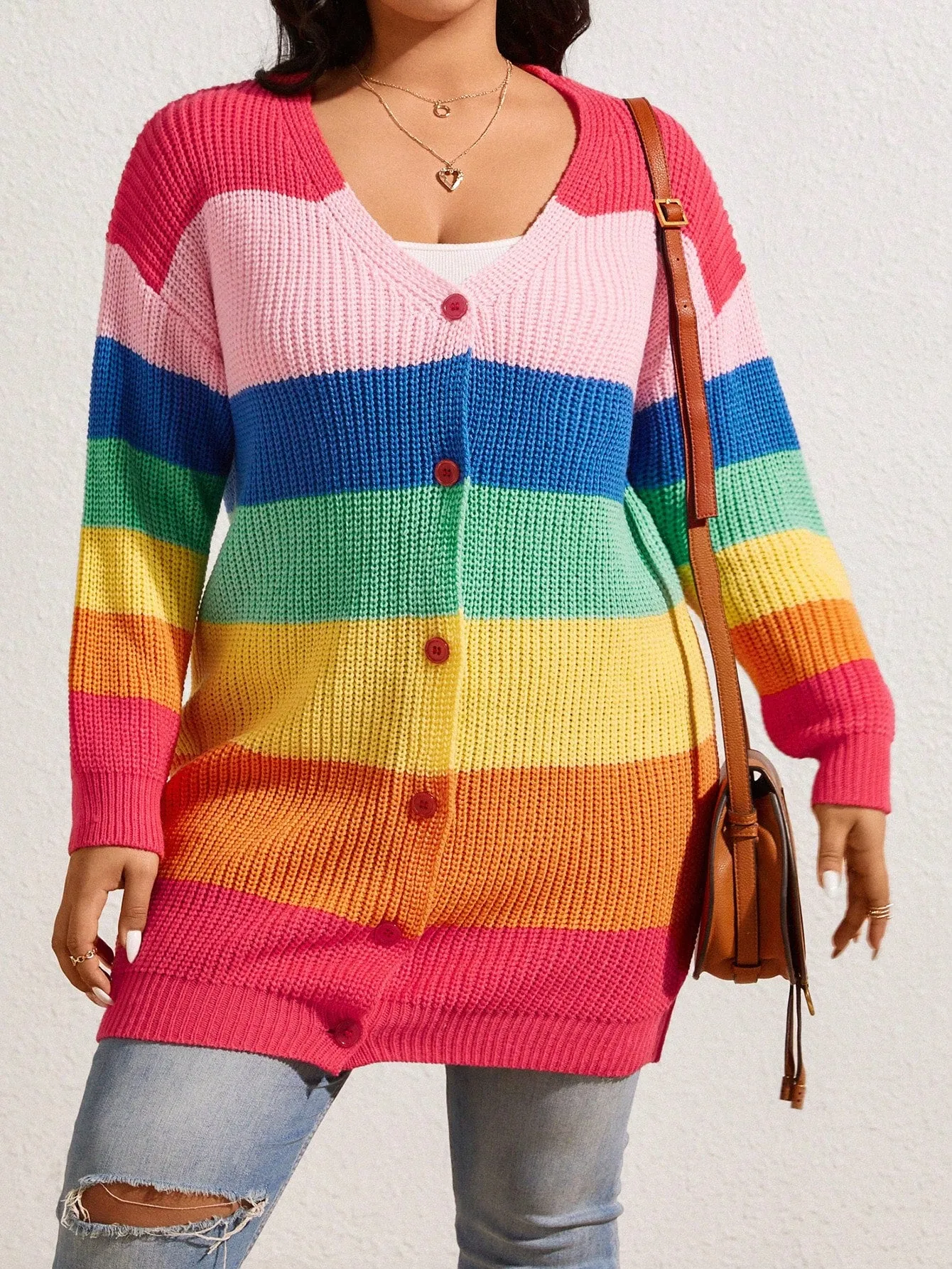 Plus Size Women's Knitted Single-Breasted Cardigan With Multicolor Stripes