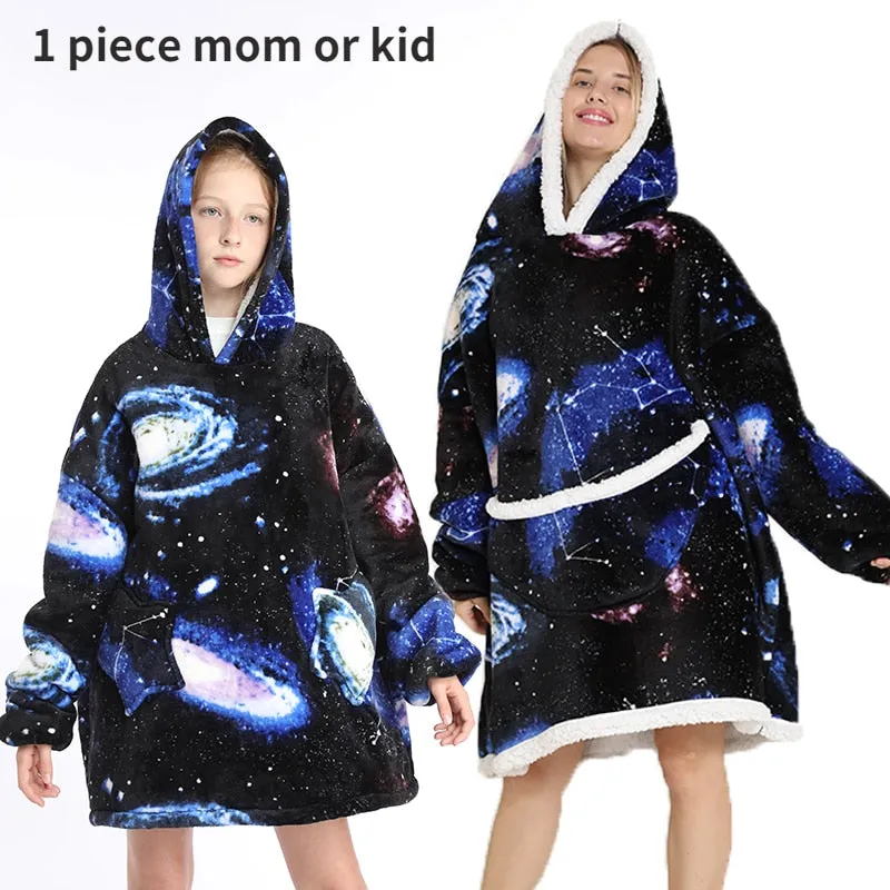Printed Wearable Blanket Hoodie Fleece Warm Kids Sleepwear Hoody Sweatshirt