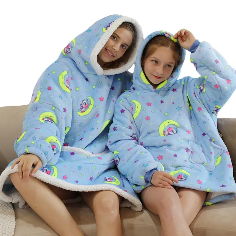 Printed Wearable Blanket Hoodie Fleece Warm Kids Sleepwear Hoody Sweatshirt