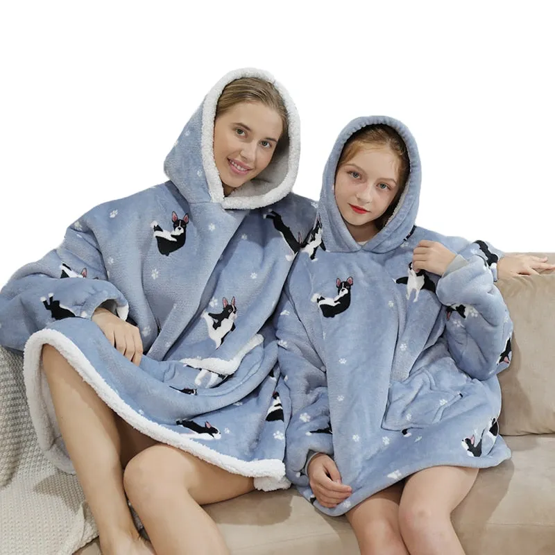 Printed Wearable Blanket Hoodie Fleece Warm Kids Sleepwear Hoody Sweatshirt