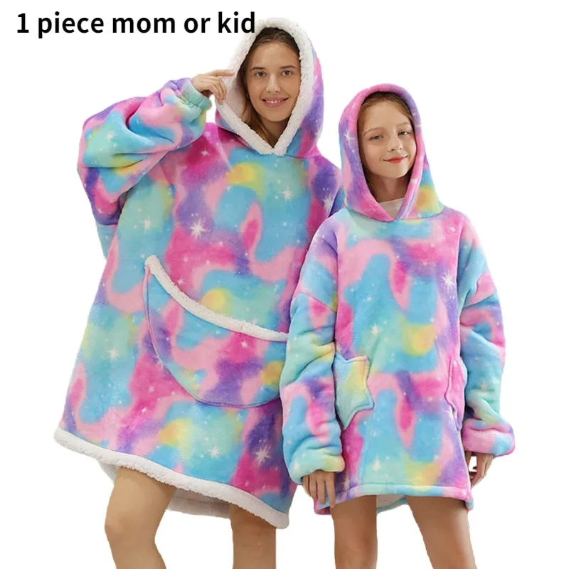Printed Wearable Blanket Hoodie Fleece Warm Kids Sleepwear Hoody Sweatshirt