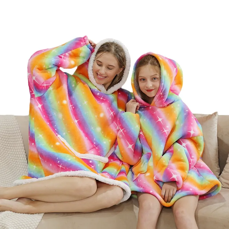 Printed Wearable Blanket Hoodie Fleece Warm Kids Sleepwear Hoody Sweatshirt
