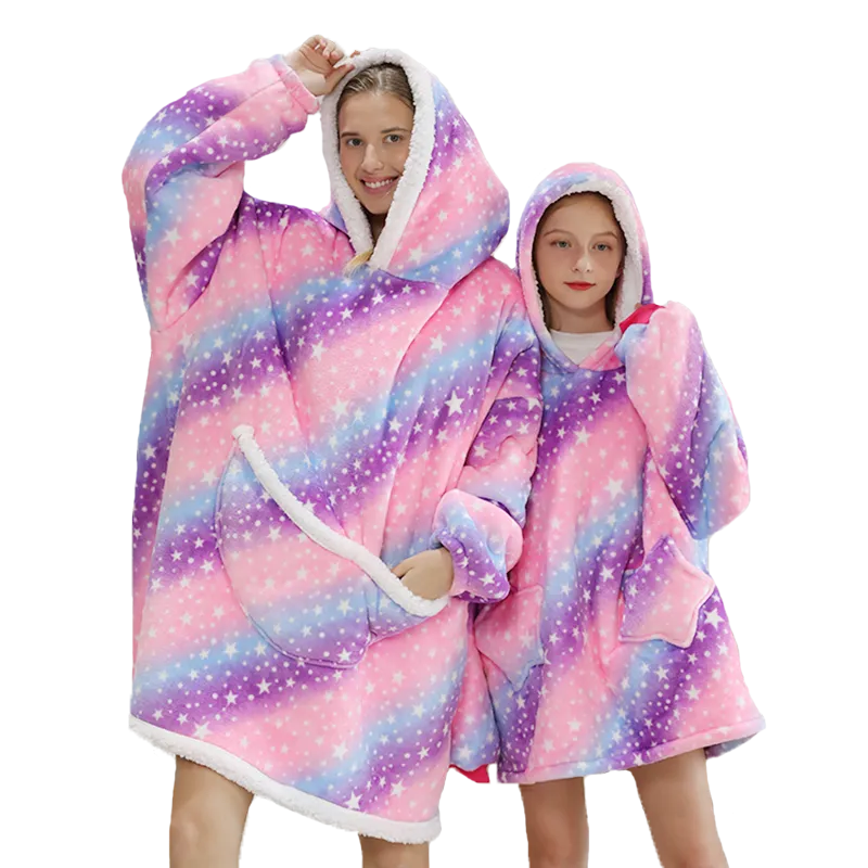 Printed Wearable Blanket Hoodie Fleece Warm Kids Sleepwear Hoody Sweatshirt