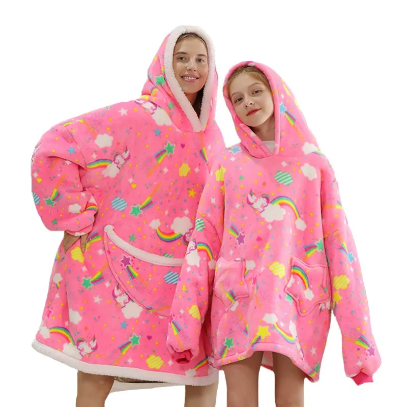 Printed Wearable Blanket Hoodie Fleece Warm Kids Sleepwear Hoody Sweatshirt