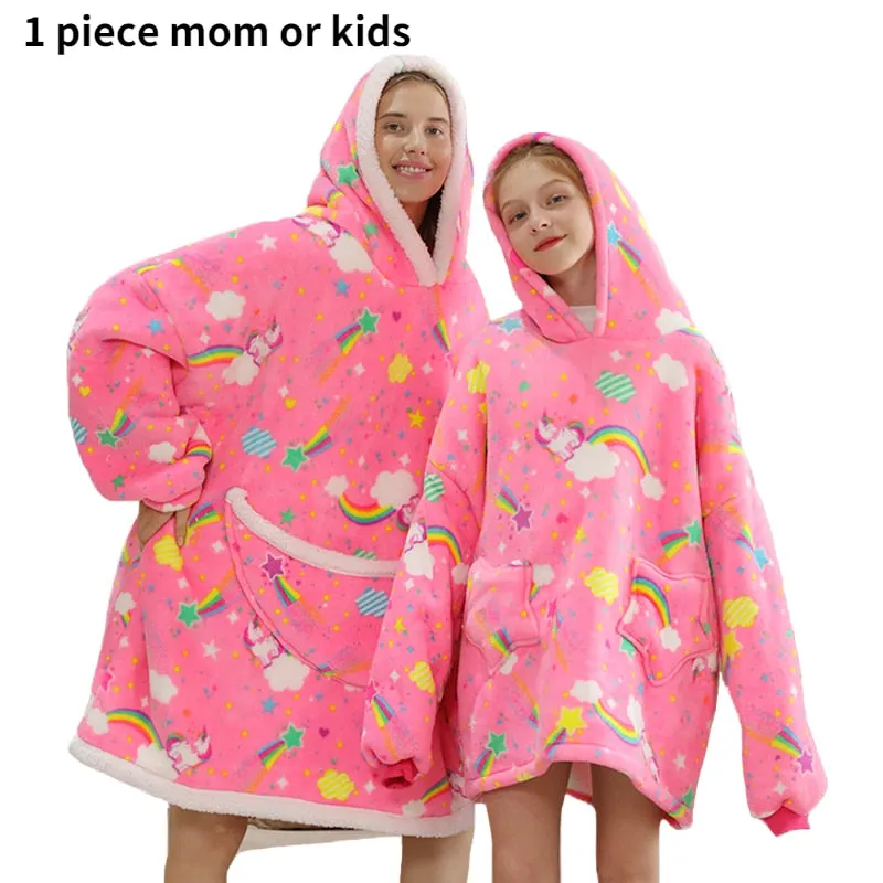 Printed Wearable Blanket Hoodie Fleece Warm Kids Sleepwear Hoody Sweatshirt