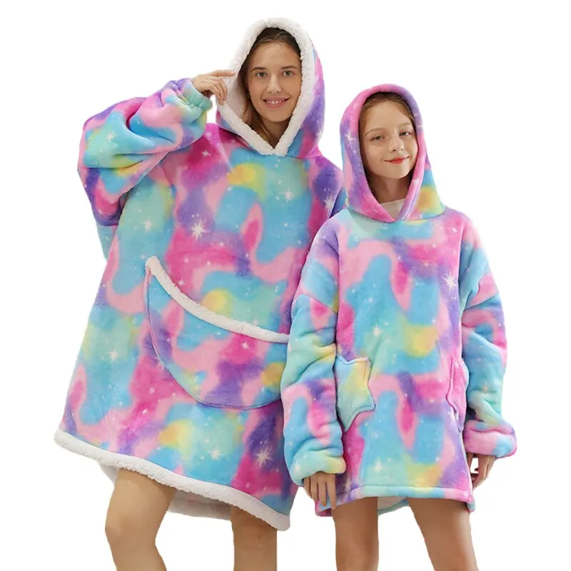 Printed Wearable Blanket Hoodie Fleece Warm Kids Sleepwear Hoody Sweatshirt