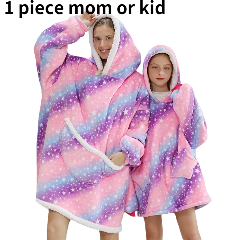 Printed Wearable Blanket Hoodie Fleece Warm Kids Sleepwear Hoody Sweatshirt