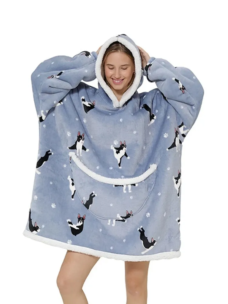 Printed Wearable Blanket Hoodie Fleece Warm Kids Sleepwear Hoody Sweatshirt