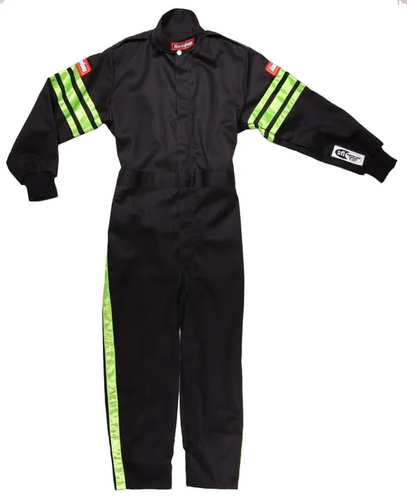 RaceQuip One Piece Single Layer Fire Suit - Black w/Green Stripes - Kids X-Small - 1950791