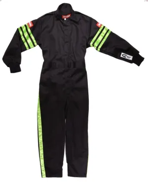 RaceQuip One Piece Single Layer Fire Suit - Black w/Green Stripes - Kids X-Small - 1950791
