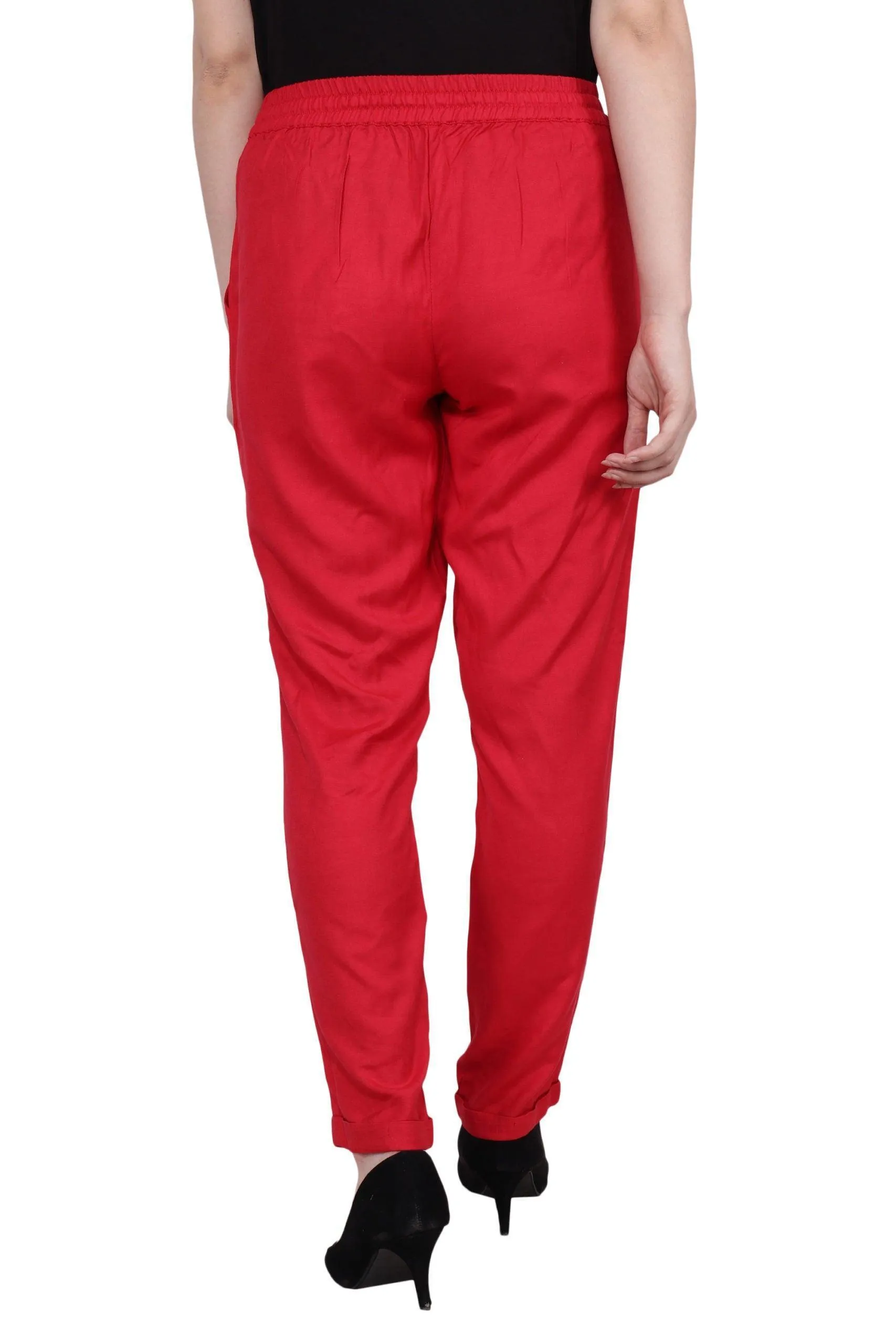 Red Solid Fitted Trousers with Drawstrings