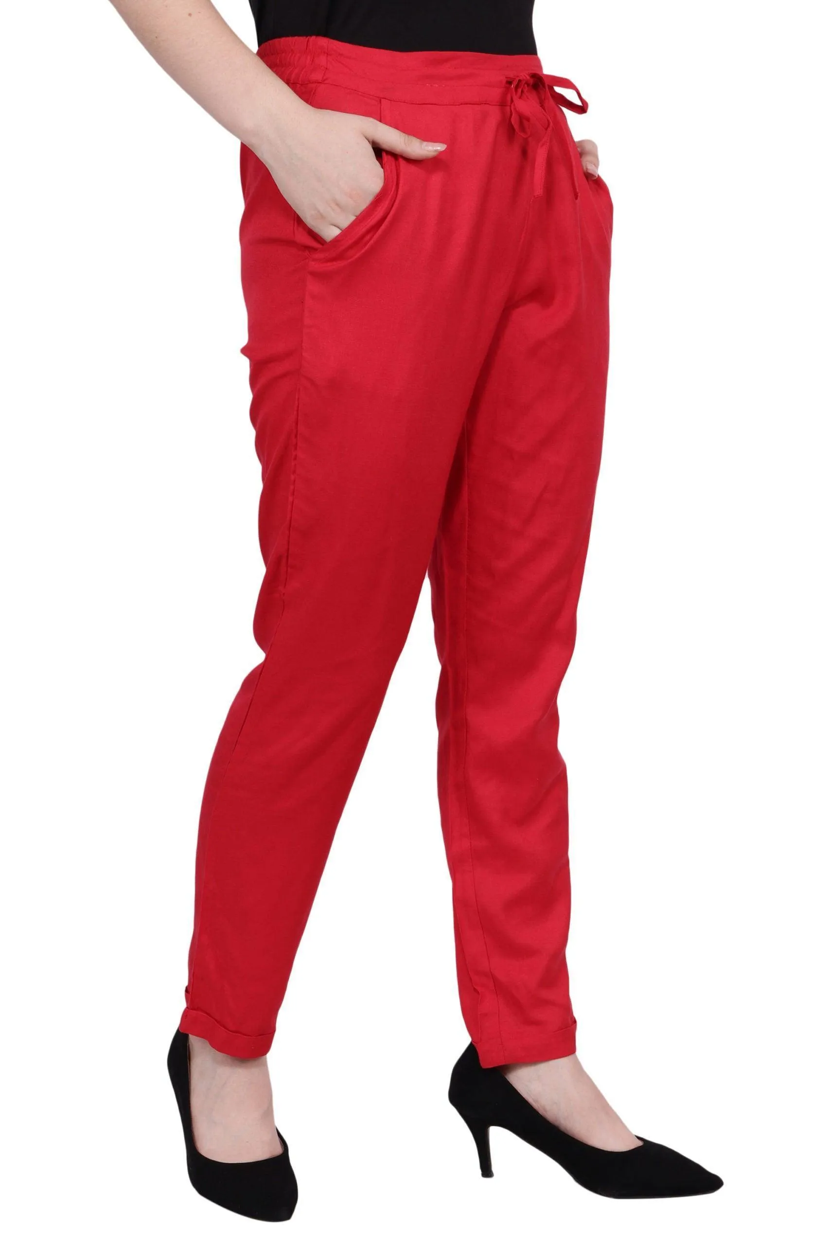 Red Solid Fitted Trousers with Drawstrings