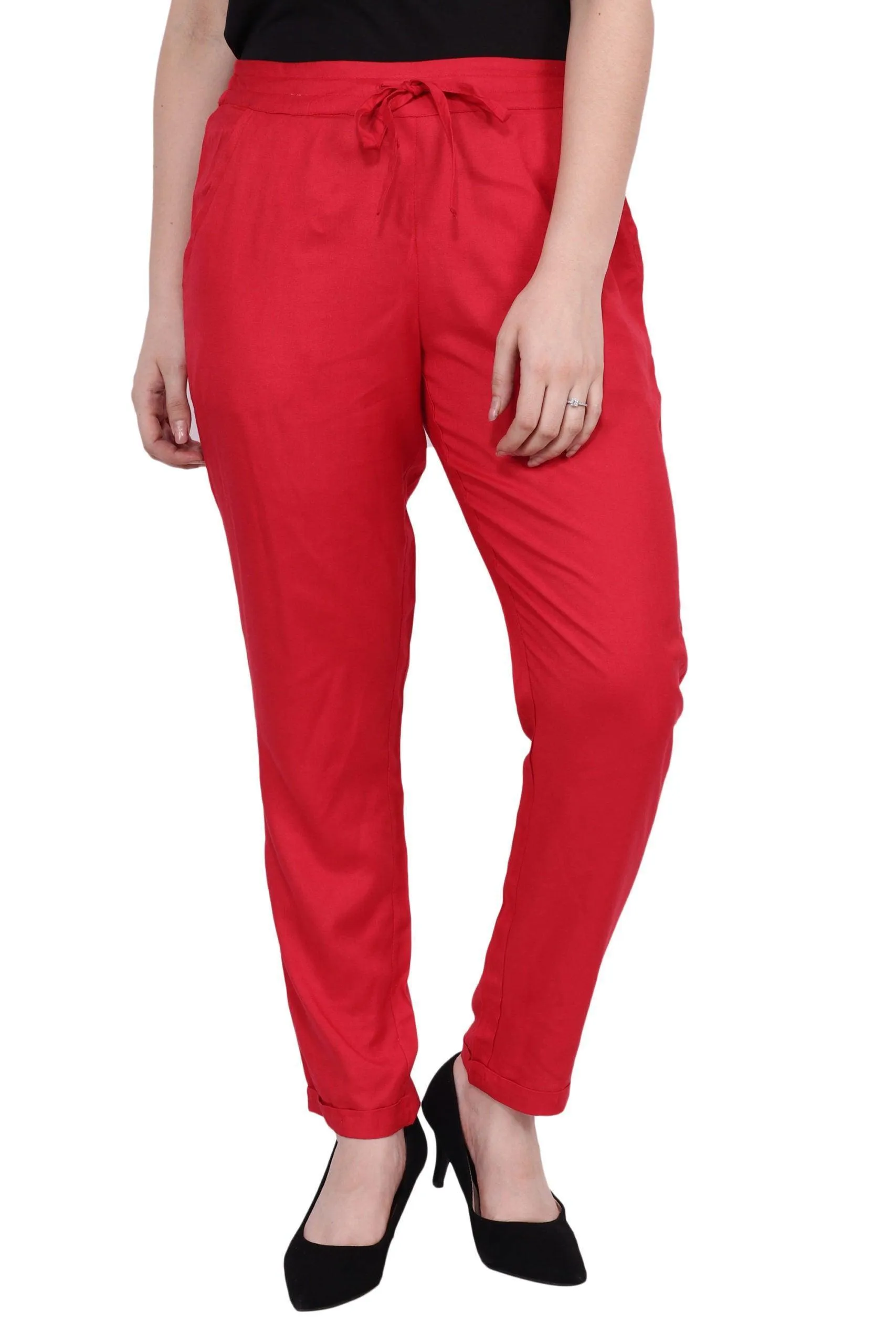 Red Solid Fitted Trousers with Drawstrings