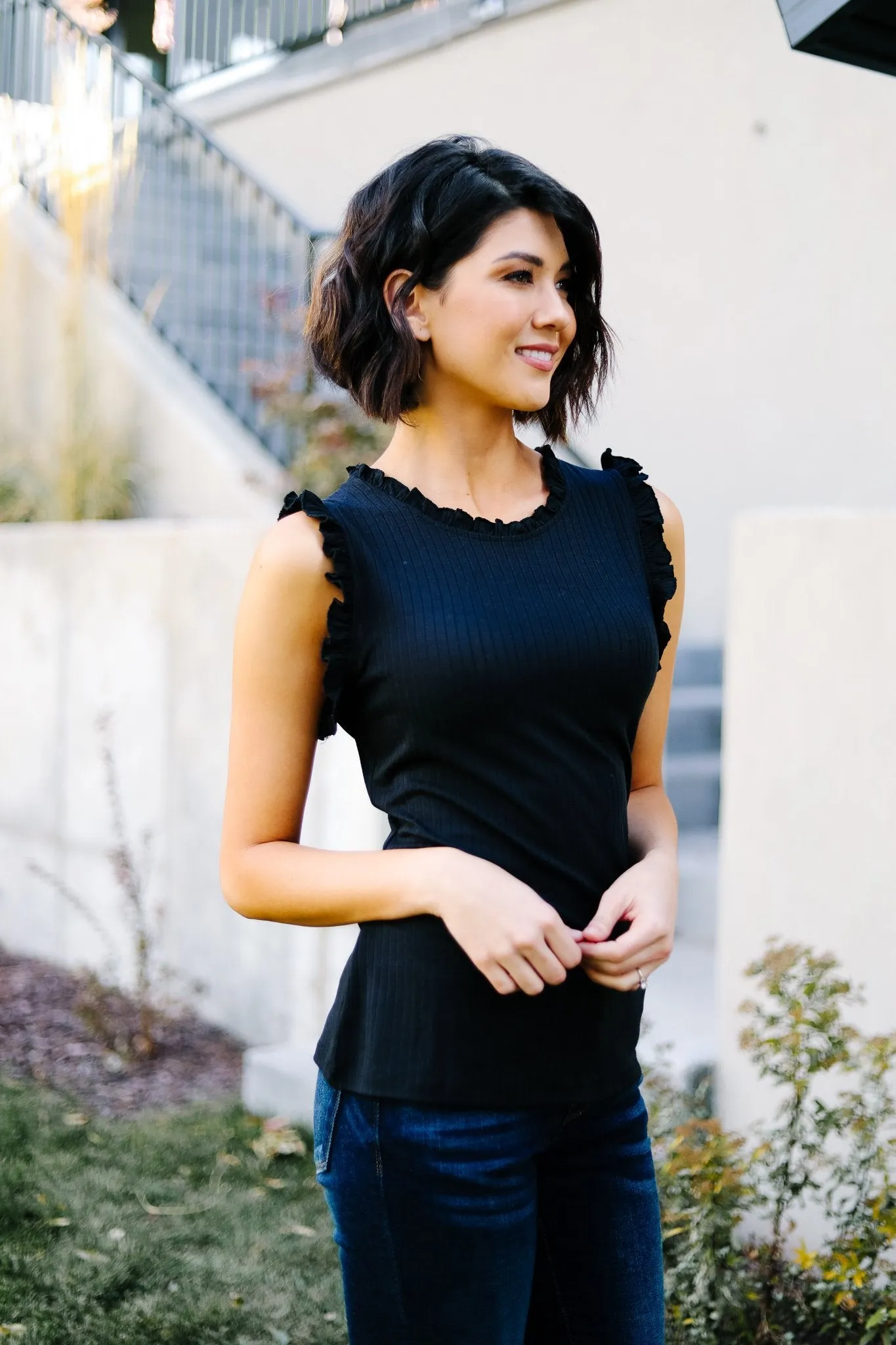 Ruffled Neck Sleeveless Top