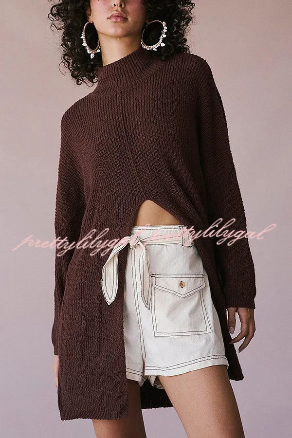 Solid Color Long Sleeve Slit Knitted Sweater