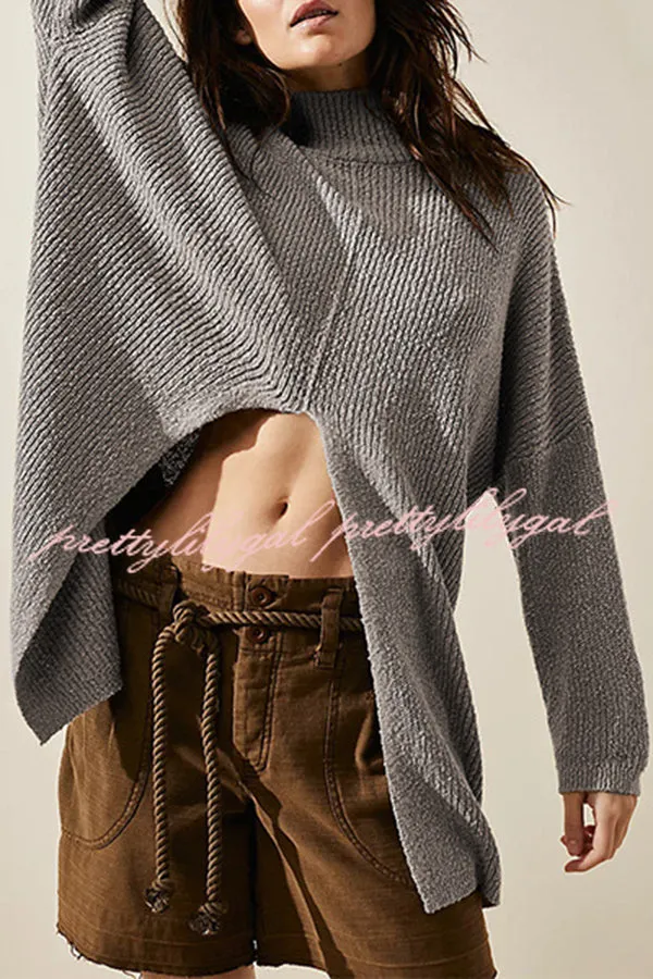 Solid Color Long Sleeve Slit Knitted Sweater