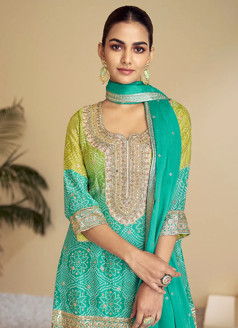 Teal Green Ombré Designer Kurti And Palazzo