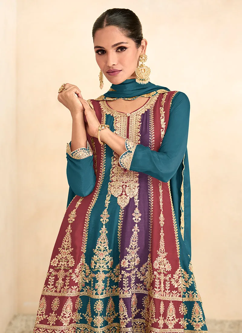 Turquoise Sequence Embroidery Anarkali Gharara Suit
