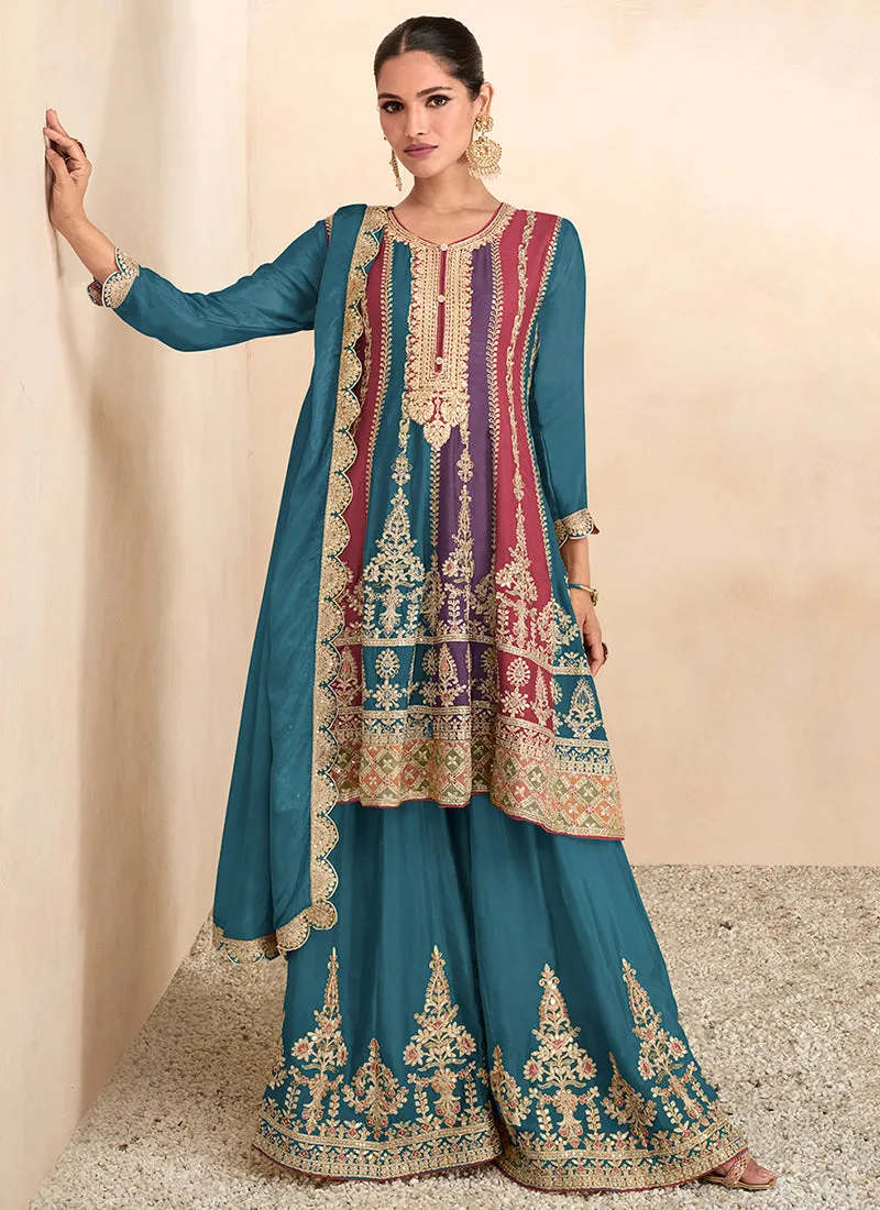 Turquoise Sequence Embroidery Anarkali Gharara Suit