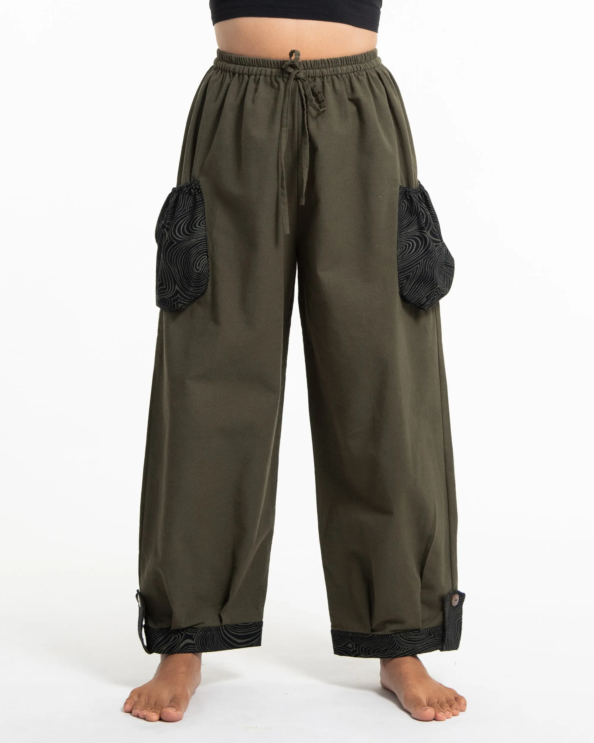 Unisex Drawstring Cotton Pants with Hill Tribe Trim in Olive