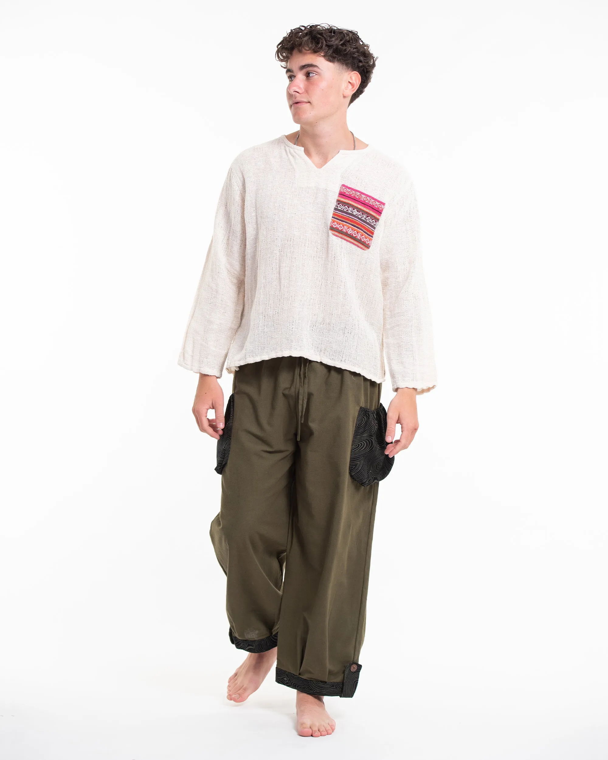 Unisex Drawstring Cotton Pants with Hill Tribe Trim in Olive