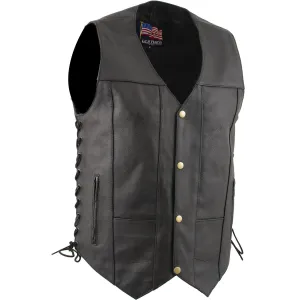 USA Leather 1204 Men's Black 'Dime' Classic Leather Ten Pocket Motorcycle Biker Vest with Side Laces