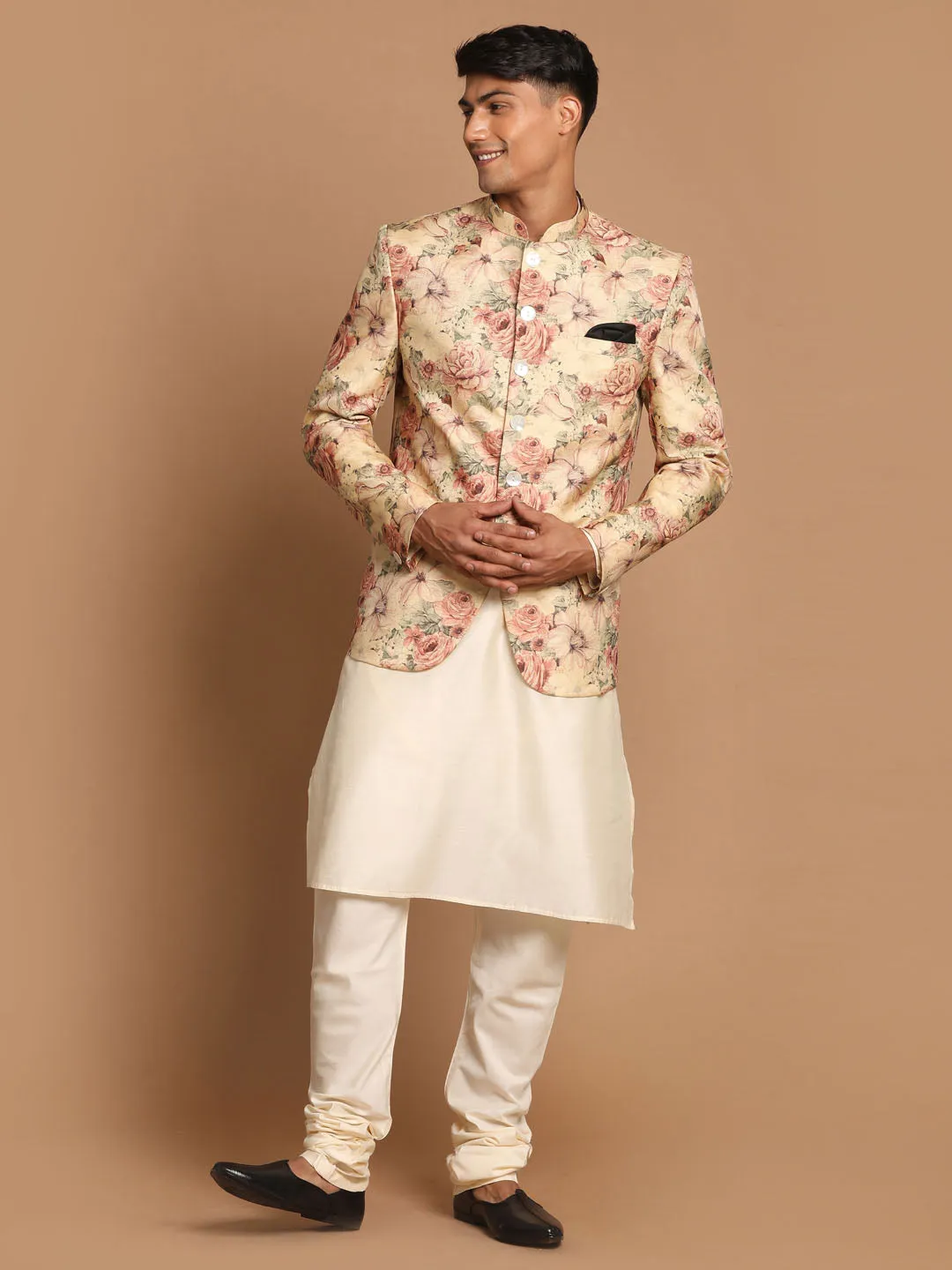 VASTRAMAY Beige Printed Jodhpuri Kurta Set