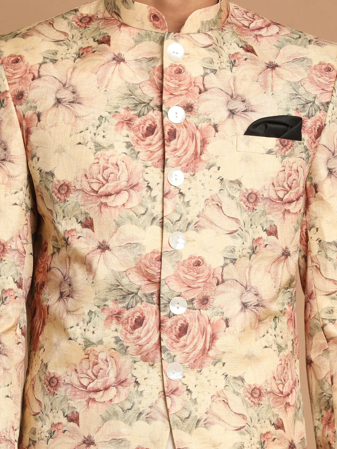 VASTRAMAY Beige Printed Jodhpuri Kurta Set