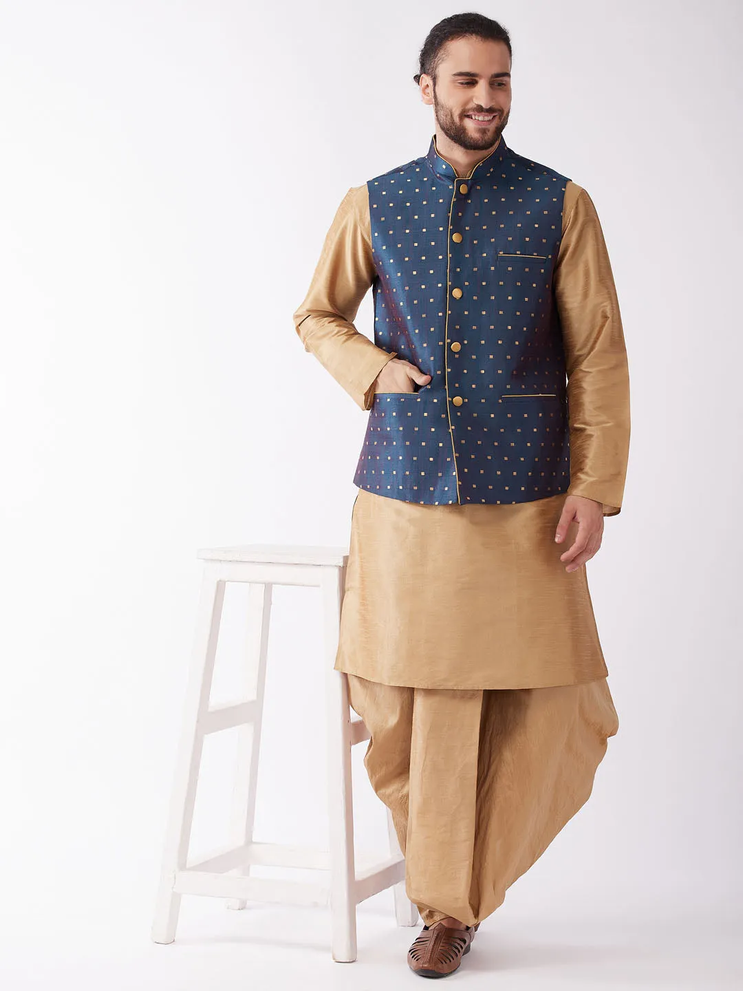 VASTRAMAY Men's Blue Zari Weaved Jacket Set