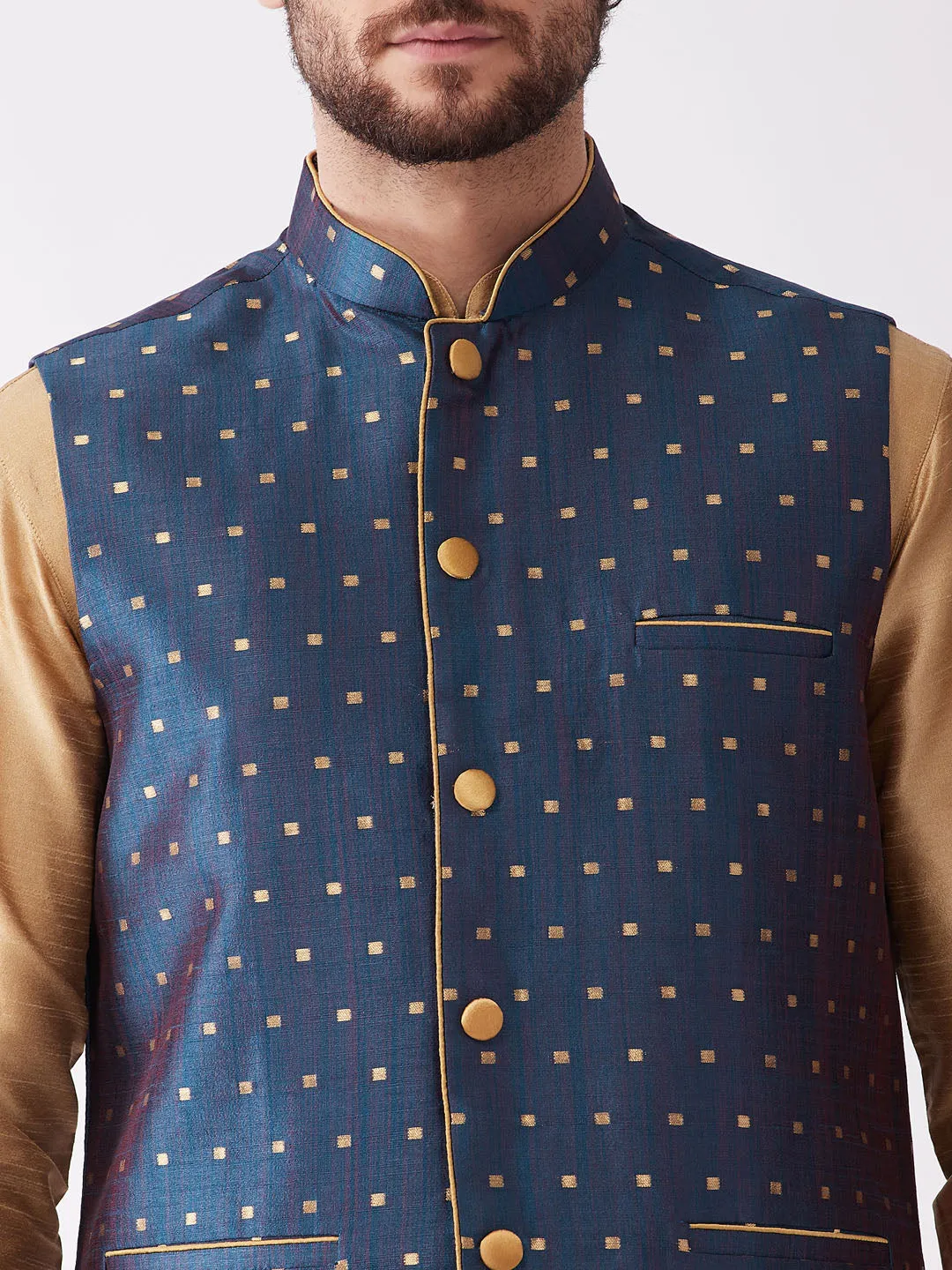 VASTRAMAY Men's Blue Zari Weaved Jacket Set