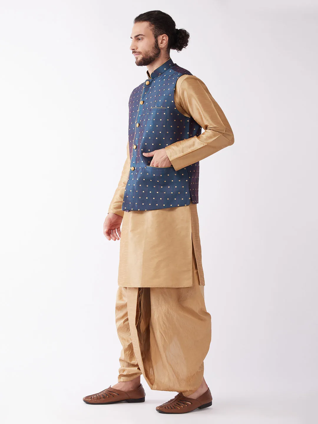 VASTRAMAY Men's Blue Zari Weaved Jacket Set
