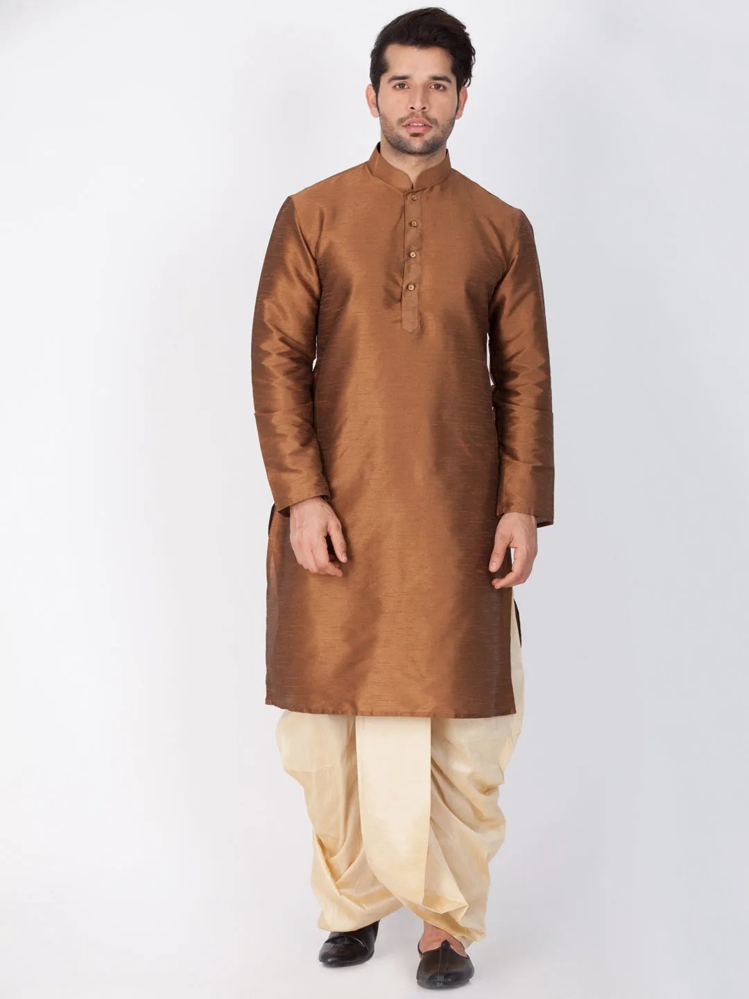 VASTRAMAY Men's Brown Silk Kurta Dhoti