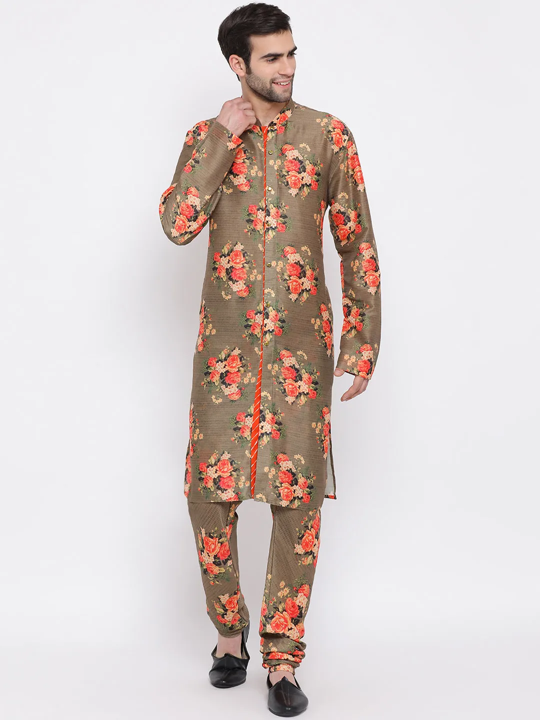 Vastramay Multicolor-Base-Green Cotton Blend Baap Beta Kurta Pyjama set