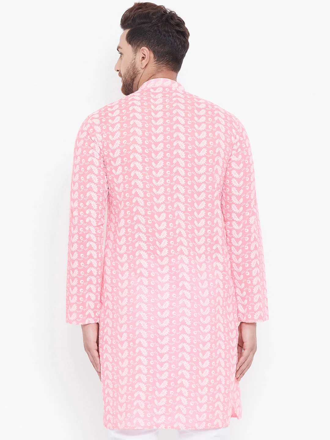 VASTRAMAY Pink Pure Cotton Chikankari Kurta Blend Baap Beta Set