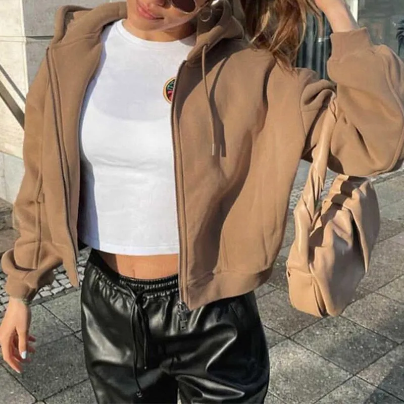 Wenkouban Autumn Winter Women Green Long Sleeve Streetwear Hooded Zipper Sweatshirt Coats Loose Oversized Crop Top Short Jackets