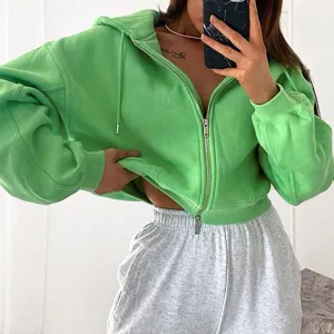 Wenkouban Autumn Winter Women Green Long Sleeve Streetwear Hooded Zipper Sweatshirt Coats Loose Oversized Crop Top Short Jackets