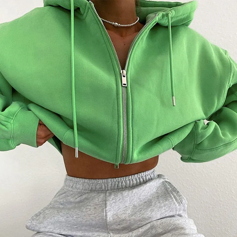 Wenkouban Autumn Winter Women Green Long Sleeve Streetwear Hooded Zipper Sweatshirt Coats Loose Oversized Crop Top Short Jackets