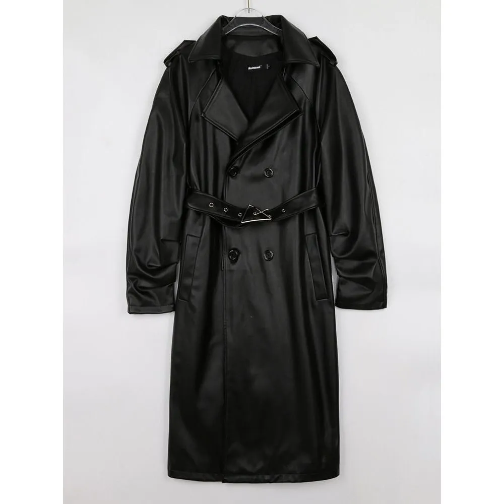 Women's Double Breasted Long Eco- Leather Trench Coat