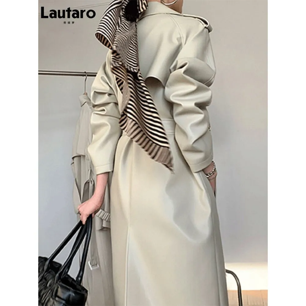 Women's Double Breasted Long Eco- Leather Trench Coat