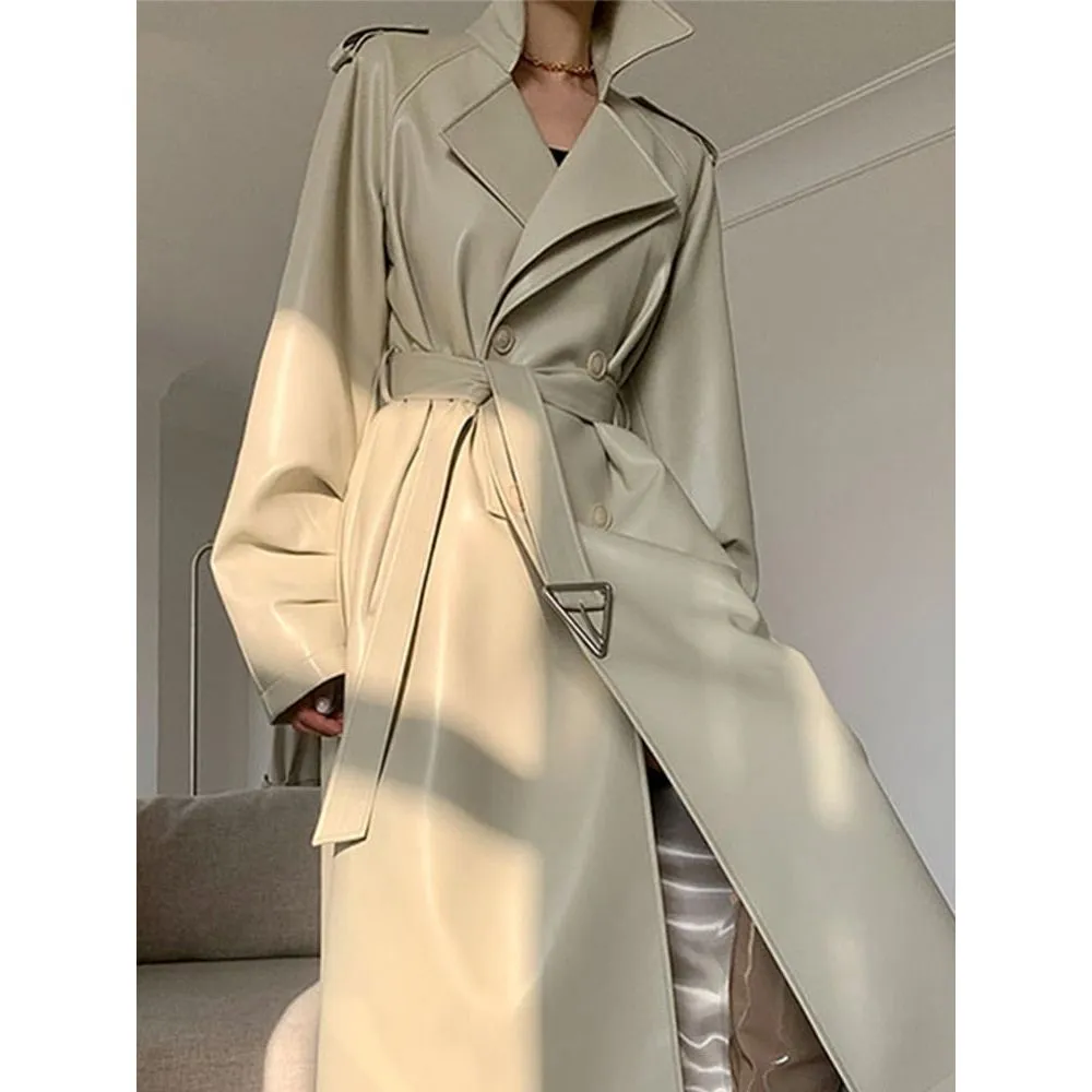 Women's Double Breasted Long Eco- Leather Trench Coat
