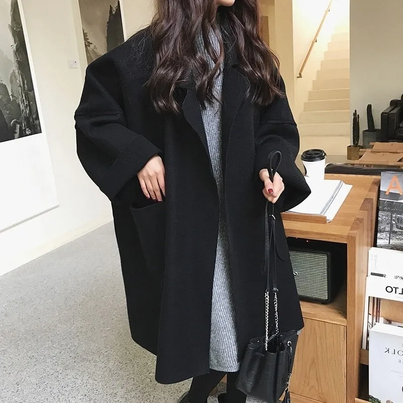 Women's Elegant Loose Woolen Trench Coat | Ideal for Autumn/Winter