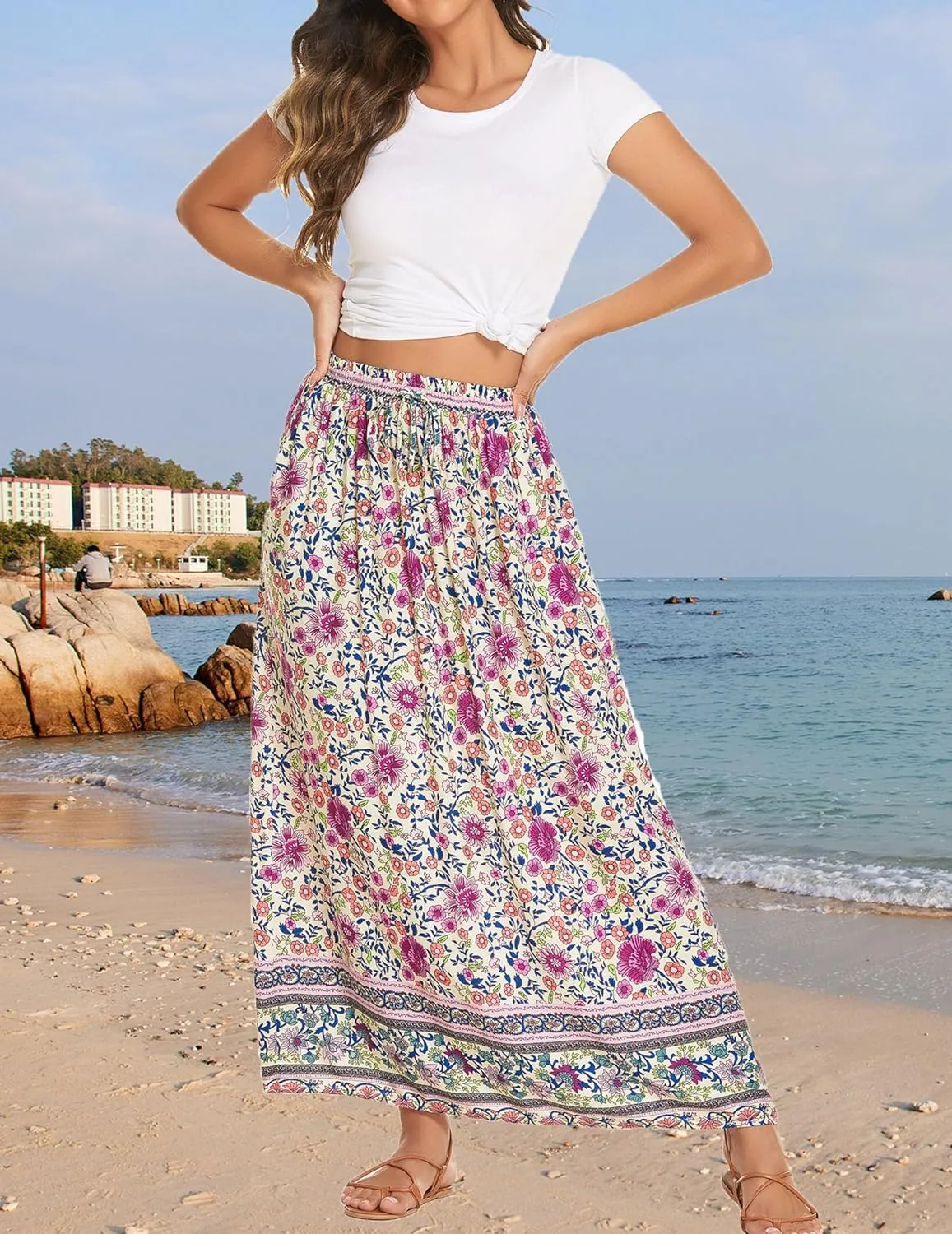 Zeagoo Women's 2024 Boho Floral Skirt Casual Elastic High Waist Maxi Skirts Flowy A Line Beach Long Skirt with Side Pockets