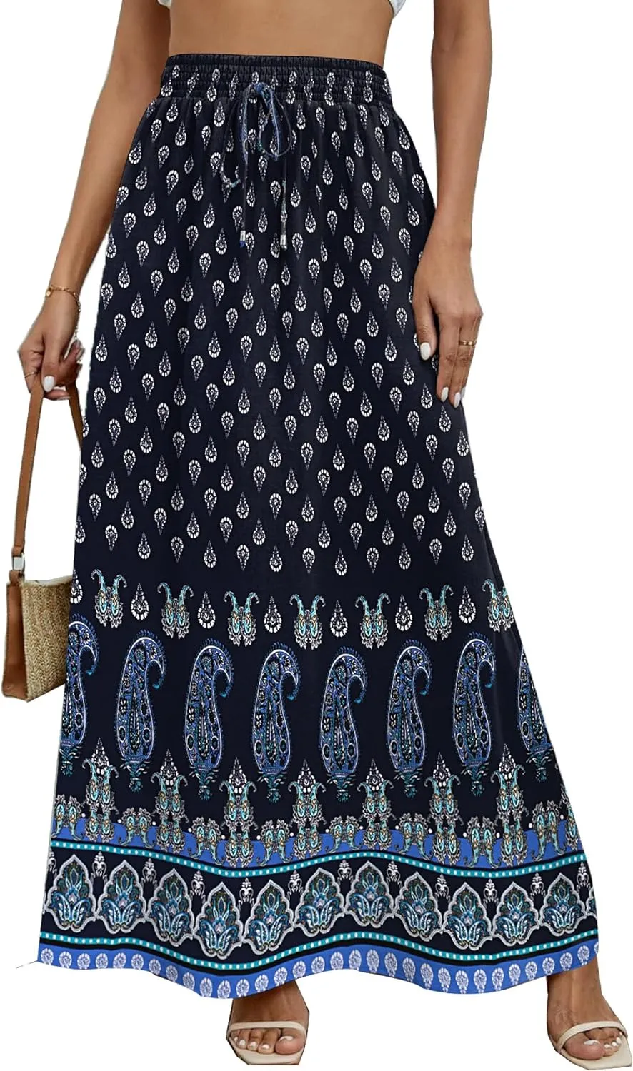 Zeagoo Women's 2024 Boho Floral Skirt Casual Elastic High Waist Maxi Skirts Flowy A Line Beach Long Skirt with Side Pockets