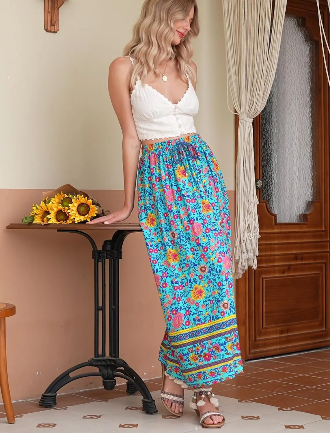 Zeagoo Women's 2024 Boho Floral Skirt Casual Elastic High Waist Maxi Skirts Flowy A Line Beach Long Skirt with Side Pockets