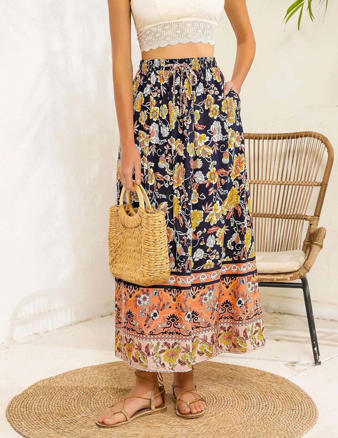 Zeagoo Women's 2024 Boho Floral Skirt Casual Elastic High Waist Maxi Skirts Flowy A Line Beach Long Skirt with Side Pockets