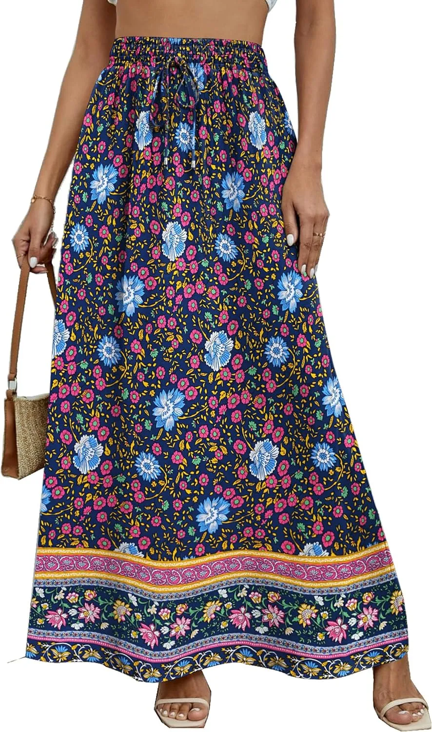 Zeagoo Women's 2024 Boho Floral Skirt Casual Elastic High Waist Maxi Skirts Flowy A Line Beach Long Skirt with Side Pockets