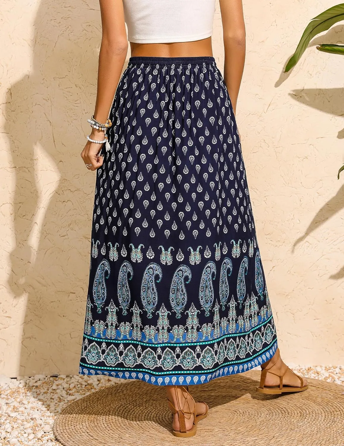 Zeagoo Women's 2024 Boho Floral Skirt Casual Elastic High Waist Maxi Skirts Flowy A Line Beach Long Skirt with Side Pockets