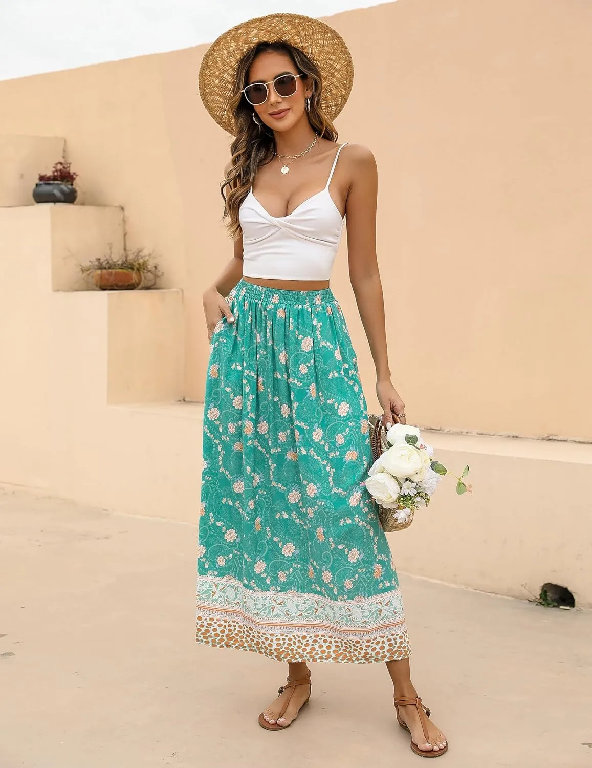 Zeagoo Women's 2024 Boho Floral Skirt Casual Elastic High Waist Maxi Skirts Flowy A Line Beach Long Skirt with Side Pockets