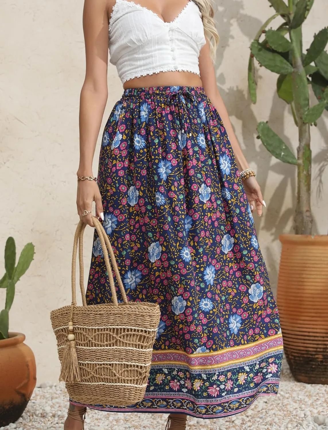 Zeagoo Women's 2024 Boho Floral Skirt Casual Elastic High Waist Maxi Skirts Flowy A Line Beach Long Skirt with Side Pockets
