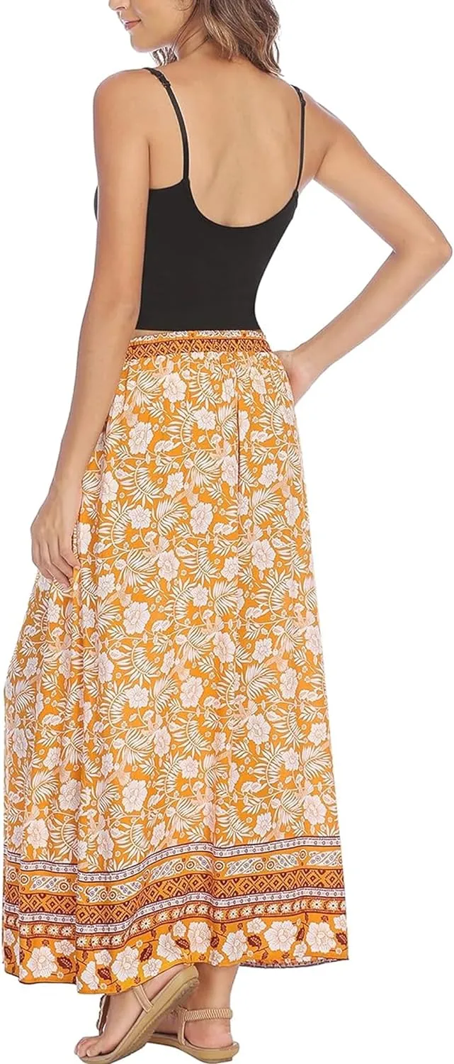 Zeagoo Women's 2024 Boho Floral Skirt Casual Elastic High Waist Maxi Skirts Flowy A Line Beach Long Skirt with Side Pockets